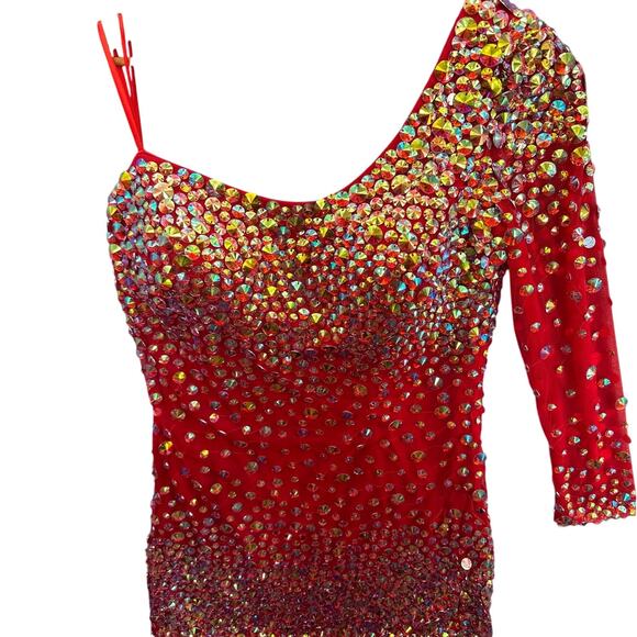 Angela & Alison Red Beaded One Sleeve Prom Formal Mini Short Dress Women 16 - Picture 2 of 10
